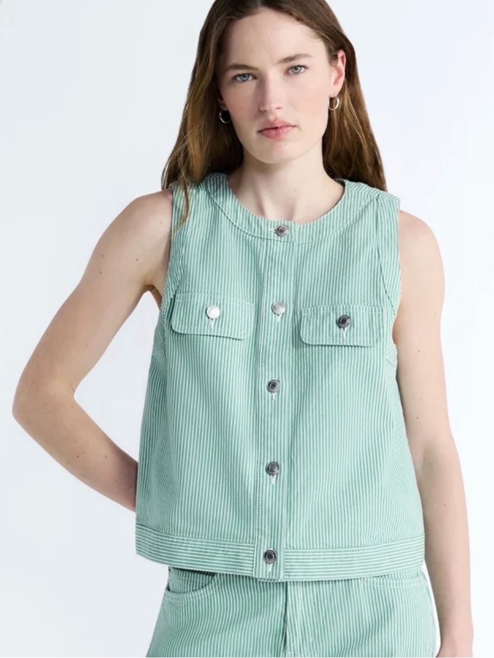 NWT Button front Sleeveless Denim Vest  Green White Stripe Free Assembly XS